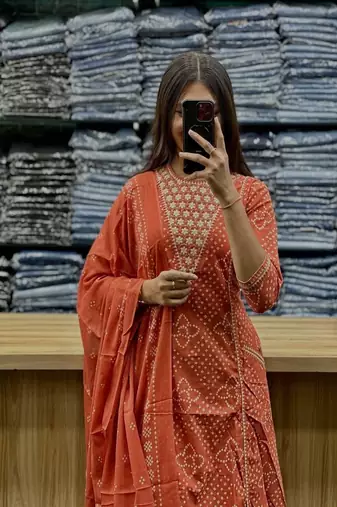 Floral embroidered round neck  cotton kurta trouser & dupatta set