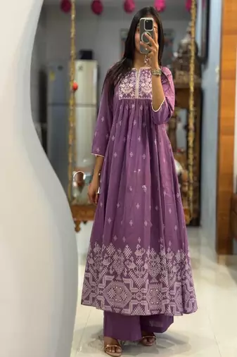 Floral embroidered round neck pure cotton kurta & trouser set