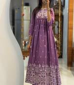 Floral embroidered round neck pure cotton kurta & trouser set