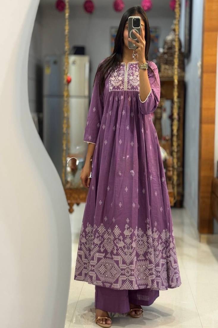 Floral embroidered round neck pure cotton kurta & trouser set