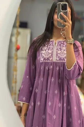 Floral embroidered round neck  cotton kurta & trouser set