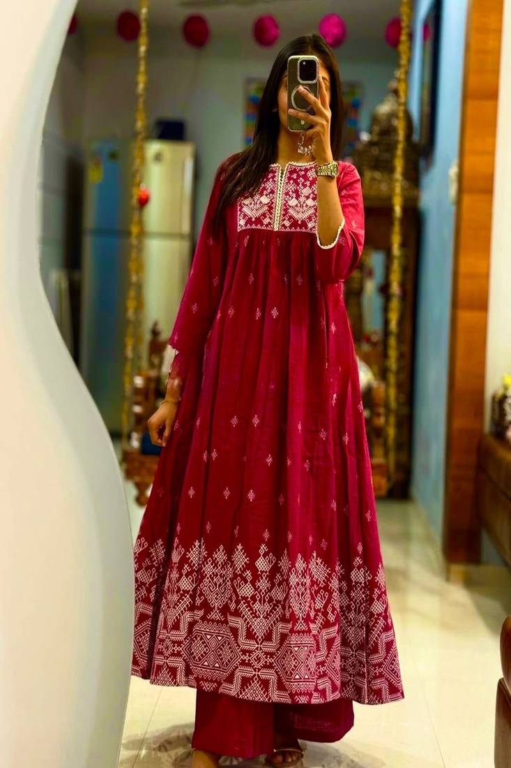 Floral embroidered round neck pure cotton kurta & trouser set