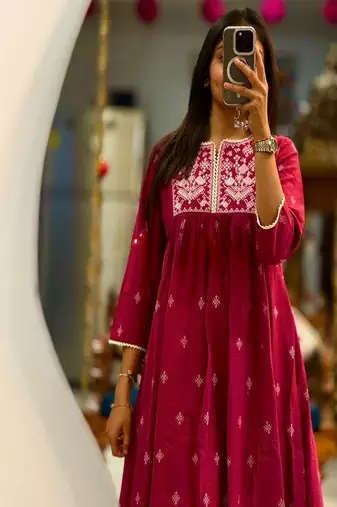 Floral embroidered round neck  cotton kurta & trouser set