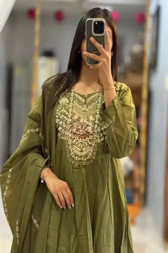 Floral embroidered u neck  cotton kurta trouser & dupatta set