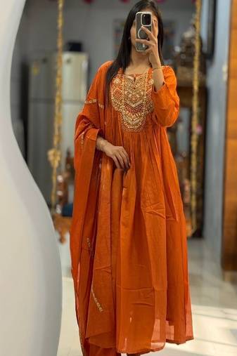 Floral embroidered u neck pure cotton kurta trouser & dupatta set