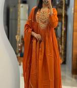 Floral embroidered u neck pure cotton kurta trouser & dupatta set