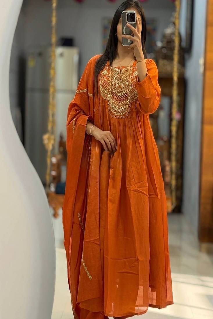 Floral embroidered u neck pure cotton kurta trouser & dupatta set