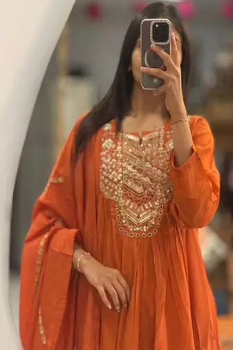 Floral embroidered u neck  cotton kurta trouser & dupatta set