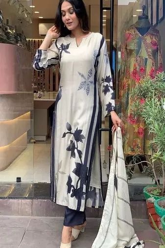 Floral embroidered round neck muslin kurta trouser & dupatta set