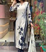 Floral embroidered round neck muslin kurta trouser & dupatta set