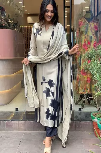 Floral embroidered round neck muslin kurta trouser & dupatta set