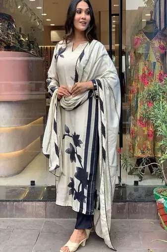 Floral embroidered round neck muslin kurta trouser & dupatta set