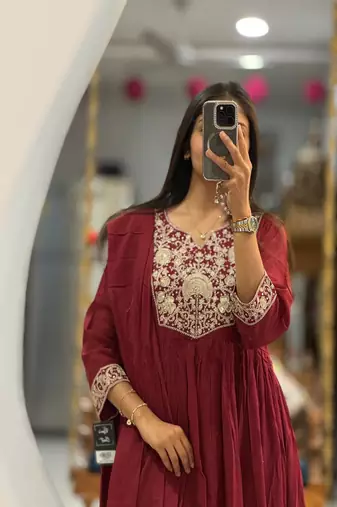 Floral embroidered v neck  cotton kurta trouser & dupatta set