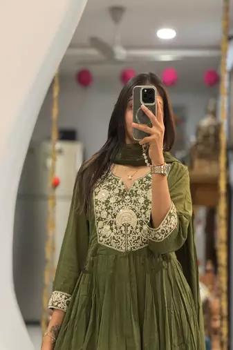 Floral embroidered v neck  cotton kurta trouser & dupatta set
