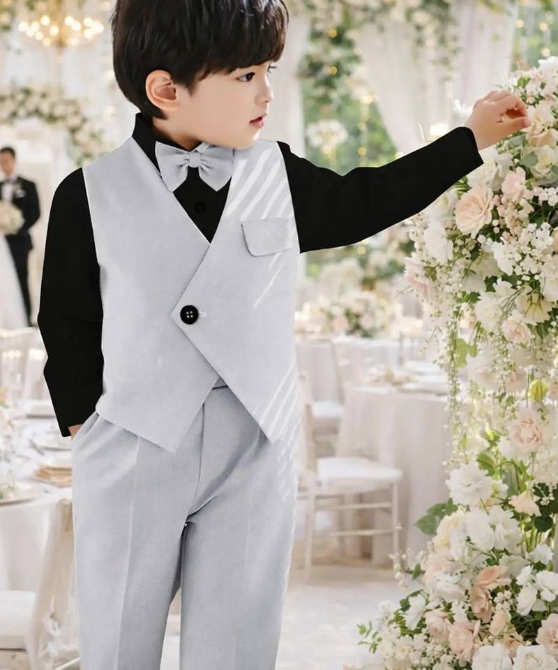 Boys grey mpoted laycra shirt cotton blend set with trouser party wear suit