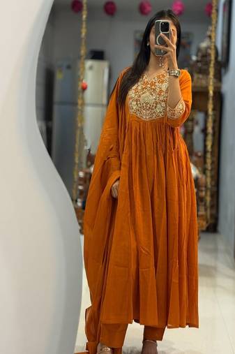 Floral embroidered v neck pure cotton kurta trouser & dupatta set