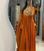 Floral embroidered v neck pure cotton kurta trouser & dupatta set