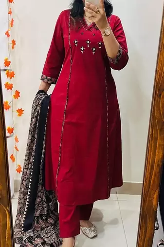 Floral embroidered v neck pure cotton kurta trouser & dupatta set