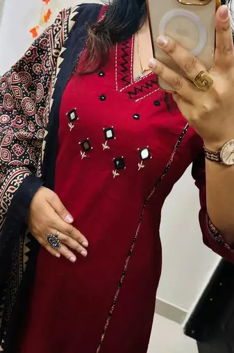 Floral embroidered v neck pure cotton kurta trouser & dupatta set