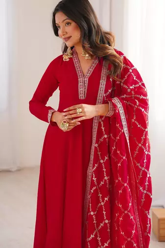 women   s red embroidered floor length traditional anarkali