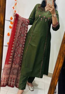 Floral embroidered v neck cotton kurta trouser & dupatta set 3