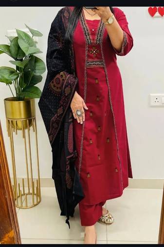 Floral embroidered u neck pure cotton kurta trouser & dupatta set