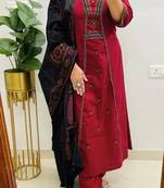 Floral embroidered u neck pure cotton kurta trouser & dupatta set