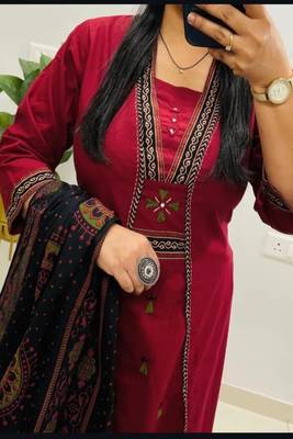 Floral embroidered u neck pure cotton kurta trouser & dupatta set 2