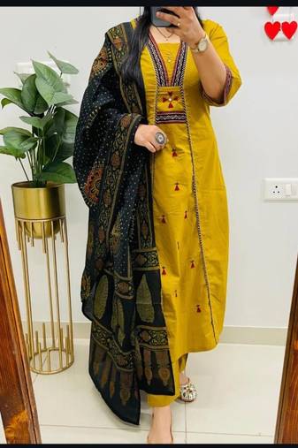 Floral embroidered u neck pure cotton kurta trouser & dupatta set