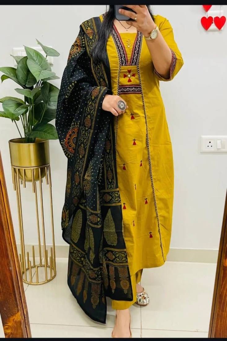 Floral embroidered u neck pure cotton kurta trouser & dupatta set