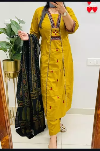 Floral embroidered u neck  cotton kurta trouser & dupatta set