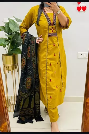 Floral embroidered u neck  cotton kurta trouser & dupatta set