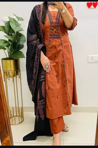 Floral embroidered u neck pure cotton kurta trouser & dupatta set