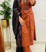 Floral embroidered u neck pure cotton kurta trouser & dupatta set