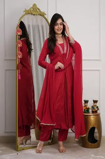 Floral embroidered v neck  cotton kurta trouser & dupatta set