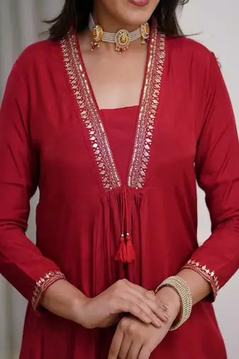 Floral embroidered v neck  cotton kurta trouser & dupatta set