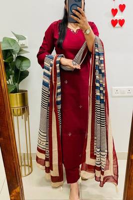 Floral embroidered u neck  cotton kurta trouser & dupatta set 1