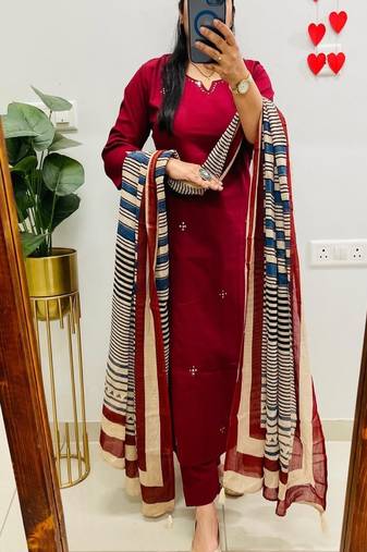 Floral embroidered u neck pure cotton kurta trouser & dupatta set