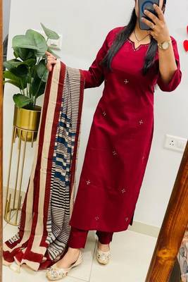 Floral embroidered u neck  cotton kurta trouser & dupatta set 2