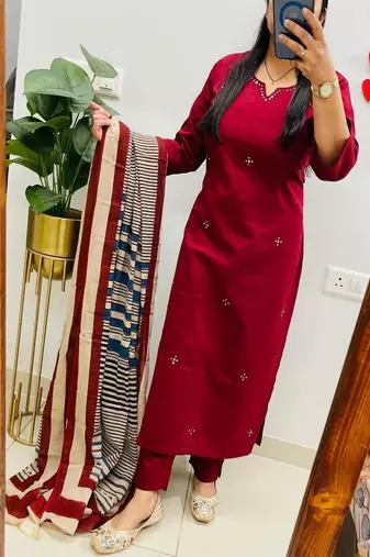 Floral embroidered u neck  cotton kurta trouser & dupatta set