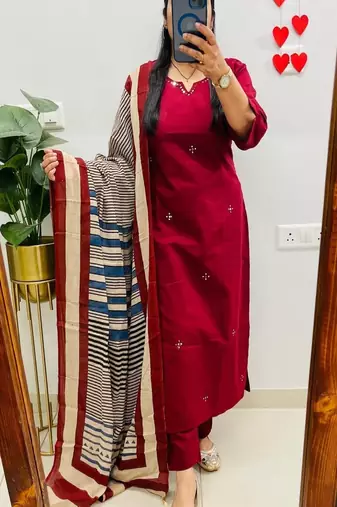 Floral embroidered u neck  cotton kurta trouser & dupatta set