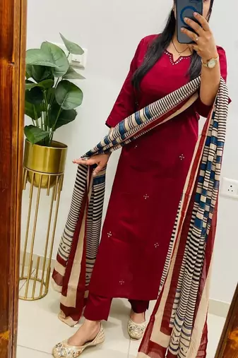 Floral embroidered u neck  cotton kurta trouser & dupatta set