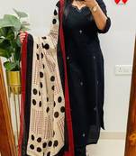 Floral embroidered u neck pure cotton kurta trouser & dupatta set