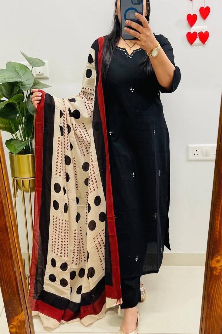 Floral embroidered u neck pure cotton kurta trouser & dupatta set