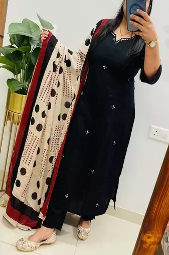 Floral embroidered u neck  cotton kurta trouser & dupatta set