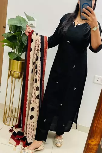 Floral embroidered u neck  cotton kurta trouser & dupatta set