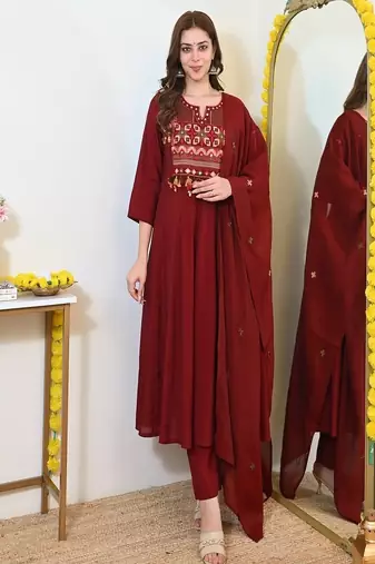 Floral embroidered u neck  cotton kurta trouser & dupatta set
