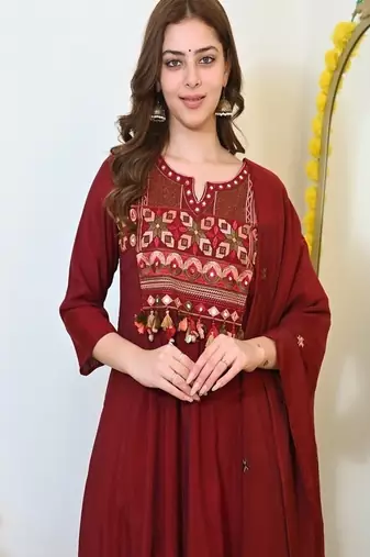 Floral embroidered u neck  cotton kurta trouser & dupatta set