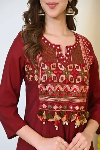 Floral embroidered u neck  cotton kurta trouser & dupatta set