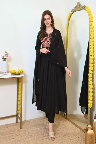 Floral embroidered u neck  cotton kurta trouser & dupatta set